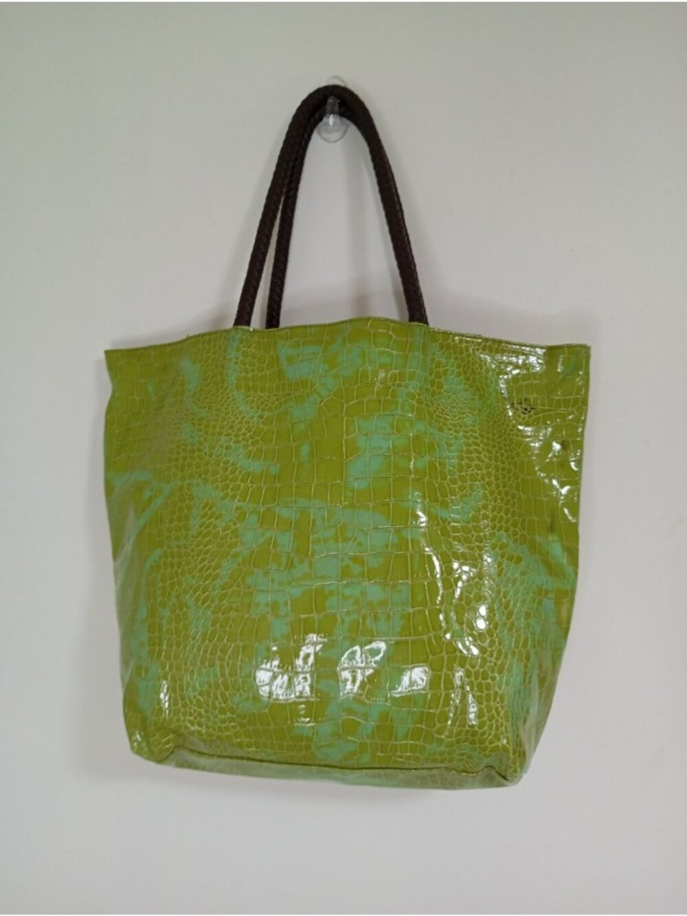 Neiman Marcus Green Croc-Embossed Vinyl Tote Bag With Brown Braided Handles - Picture 12 of 12